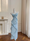 Gentle Sheath Spaghetti Strap Ruffle Blue Chiffon Prom Dress Wedding Guest Dress HZ1023
