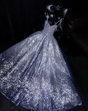 Shiny A Line Spaghetti Strap Rhinestone Silver Sequin Long Prom Dress Graduation Prom Dress HZ1023