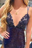Navy Blue Mermaid V-Neck Lace-Up Sequin Long Prom Dress Evening Dress HZ1023