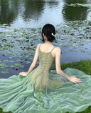 Gentle A Line Spaghetti Strap Green Tulle Long Party Dress Evening Dress HZ1023