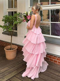 Pink A Line Halter Ruffle Chiffon Long Evening Dress Prom Dress HZ1023