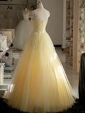 Stunning A Line Strapless Flower Light Yellow Tulle Long Prom Dress Evening Dress HZ1023