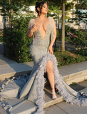 Gorgeous Mermaid Deep V Neck Beaded Feather Long Sweep Prom Dress Evening Dress HZ1023