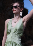 Green A Line V Neck Satin Open Back Short Homecoming Dress Vacation Dress Outfits HZ1023