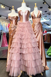 Black A Line Sweetheart Neck Layered Satin Tulle Long Wedding Guest Dress Evening Dress with Slit HZ1023