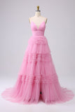 Pink A Line Spaghetti Strap Layered Tulle Long Prom Dresses HZ1023