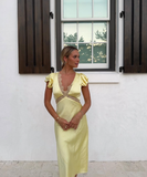 Yellow A Line V Neck Lace Satin Evening Dress Outfits HZ1023