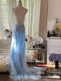 Light Blue A Line Spaghetti Straps Appliques Tulle Open Back Party Dress Evening Dress HZ1023