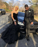 Classic Black Mermaid Velvet Tulle Prom Dress Long Evening Dress HZ1023