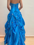 Princess A Line Sweetheart Neck Beaded Rhinestone Blue Satin Long Prom Dress Evening Dress HZ1023