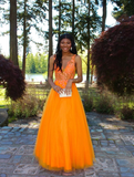 Charming A Line V Neck Appliques Orange Tulle Prom Dress Evening Dress HZ1023