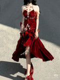 Burgundy Exquisite Mermaid Spaghetti Strap Beaded Velvet Long Party Dress Cocktail Dress HZ1023