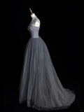 Simple Grey A Line High Neck Satin Tulle Long Prom Dress Graduation Prom Dress HZ1023