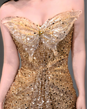 Golden Butterfly Mermaid Strapless Sequin Prom Dress Party Dress HZ1023