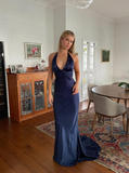 Navy Blue Sheath V Neck Satin Open Back Long Sweep Prom Dress Graduation Prom Dress HZ1023