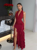 Burgundy A Line Halter Layered Chiffon Backless Party Dress Evening Dress with Slit HZ1023