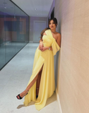 Elegant A Line Off the Shoulder Yellow Chiffon Long Prom Dress Birthday Dress with Slit HZ1023