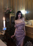 Sexy Purple Sheath Halter Satin Prom Dress Party Dresses with Slit HZ1023