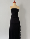 Vintage A Line Strapless Bead Flower Black Chiffon Long Evening Dress HZ1023