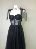 Elegant Black Sweatheart Neck Slit Long Prom Dress Lace Tulle Evening Dress HZ1023