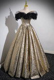 Glitter Gold Prom Dress Ball Gown Off the Shoulder Evening Dress HZ1023