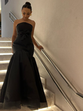 Unique Mermaid Strapless Black Tulle Satin Long Prom Dress Evening Dress with Bow HZ1023