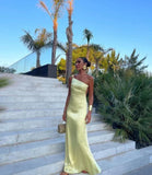 Simple Sheath One Shoulder Yellow Satin Open Back Long Prom Dress Graduation Prom Dress HZ1023