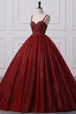 Burgundy A Line Spaghetti Strap Beaded Sequins Tulle Prom Dresses HZ1023