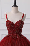 Burgundy A Line Spaghetti Strap Beaded Sequins Tulle Prom Dresses HZ1023
