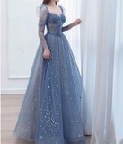 Elegant Blue Tulle Beaded Fairy Ball Gown Long Prom Dress Quinceanera Dress HZ1023