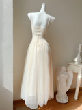 Light Apricot A Line Spaghetti Strap Lace Tulle Long Party Dress Evening Dress HZ1023