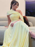 Elegant A Line Off the Shoulder Yellow Chiffon Long Prom Dress Birthday Dress with Slit HZ1023