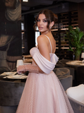 Elegant A Line Off the Shoulder Light Pink Tulle Prom Dress Evening Dress HZ1023