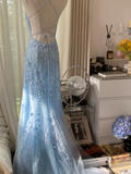 Light Blue A Line Spaghetti Straps Appliques Tulle Open Back Party Dress Evening Dress HZ1023
