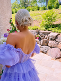 Stunning A Line Off the Shoulder Corset Tiered Purple Tulle Prom Dress Evening Dress HZ1023