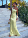 Simple Sheath One Shoulder Yellow Satin Open Back Long Prom Dress Graduation Prom Dress HZ1023