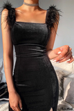 Black Sheath Feather Velvet Tea Length With Slit HZ1023