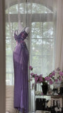 Stunning Sheath Spaghetti Strap Beaded Purple Chiffon Long Prom Dress Evening Dress with Slit HZ1023