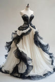 Classy A Line Sweetheart Neck Black White Chiffon Ruffle Chiffon Prom Dress Evening Dress HZ1023