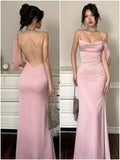 Gentle Mermaid Spaghetti Straps Pink Satin Prom Dress Party Dress Date Dress HZ1023