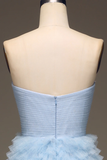 Pretty A Line Strapless Tiered Blue Tulle Long Prom Dress Evening Dress with Slit HZ1023