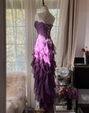 Purple Sheath Strapless Appliques Tiered Chiffon Long Prom Dress Evening Dress HZ1023