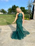 Green Mermaid Tulle Lace Appliques Long Prom Dress Evening Dress HZ1023