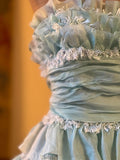 1940s Teal Vintage A Line Strapless Layered Organza Gown Homecoming Dress HZ1023