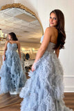 Blue A Line Strapless Ruffle Tulle Long Prom Dresses with Slit HZ1023
