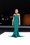 Gorgeous Sheath Strapless Bead Sequin Green Satin Long Sweep Party Dress with Slit HZ1023