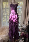 Purple Sheath Strapless Appliques Tiered Chiffon Long Prom Dress Evening Dress HZ1023