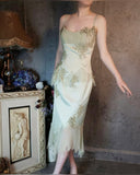 Gentle Green Sheath Spaghetti Strap Appliques Satin Chiffon Prom Dress Evening Dress HZ1023