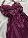 Vintage A Line Halter Beaded Purple Satin Open Back Prom Dress Graduation Prom Dress HZ1023