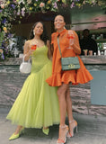 Cute A Line Spaghetti Strap Green Pleated Tulle Party Dress Evening Dress HZ1023